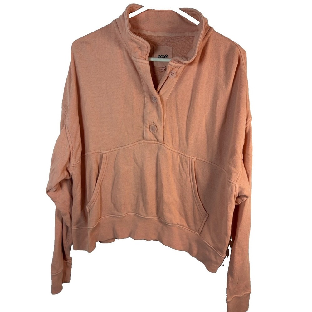 Aerie Pink Henley Oversized Sweatshirt Sz XS Cropped Mock Neck Slouchy Boxy READ